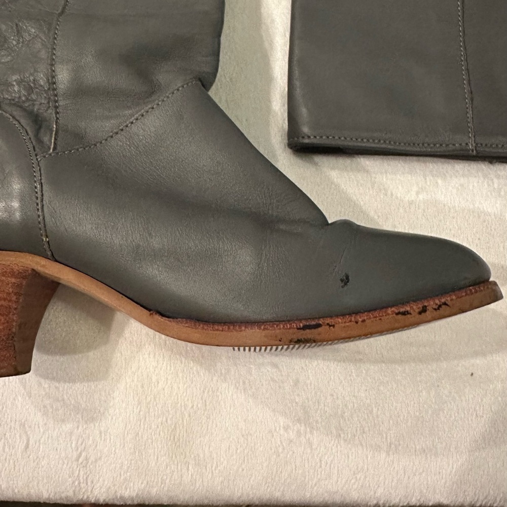 Vintage FRYE Dark Gray Leather Pull On Tall Heeled Boot Sz 7M C2163 cuff or tall - Picture 11 of 14